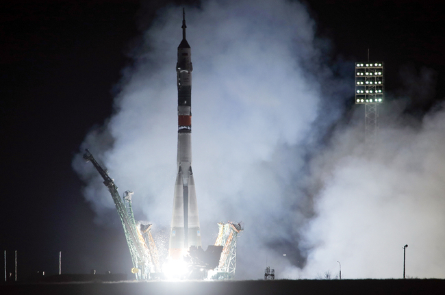 The Soyuz-FG rocket booster with Soyuz MS-12 space ship carrying a new crew to the International Space Station, ISS, blasts off at the Russian leased Baikonur cosmodrome, Kazakhstan, early Friday, March 15, 2019. [Photo: AP/Dmitri Lovetsky]