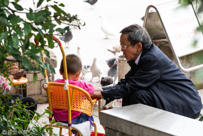 An aged man cares for his grandchild at a park in Qujing, Yunnan Province on May 31, 2018. [File photo: VCG]