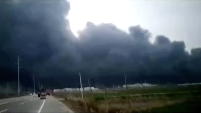 A video screenshot shows the black smoke in the sky after an explosion hit a factory in Yancheng City in Jiangsu Province on Thursday afternoon. [Photo: CGTN]
