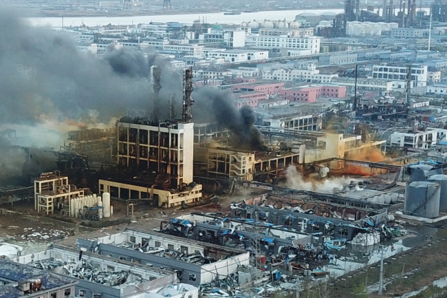 Aerial photo taken on March 22, 2019 shows the site of a factory explosion at a chemical industrial park in Yancheng, east China's Jiangsu Province. [Photo: IC]