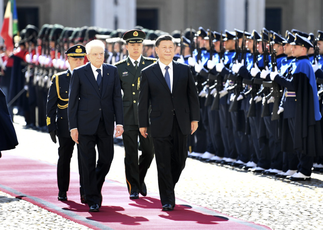 Italy's President Sergio Mattarella receives President Xi Jinping in Rome, Italy on Friday, March 22, 2019. [Photo: Xinhua]