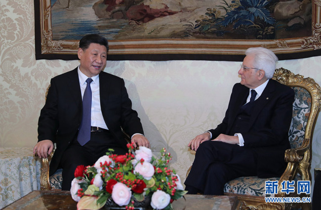 Chinese President Xi Jinping (L) and his Italian counterpart Sergio Mattarella hold talks in Rome, Italy, March 22, 2019. [Photo: Xinhua]