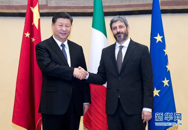 Chinese President Xi Jinping meets with Roberto Fico, president of the Italian Chamber of Deputies, in Rome, Italy, March 22, 2019. [Photo: Xinhua]