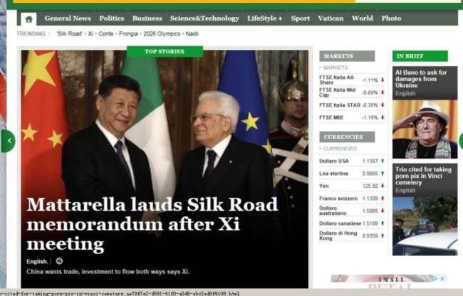 The front page of Agenzia Nazionale Stampa Associata on Friday, March 22, 2019. [Photo: China Plus]