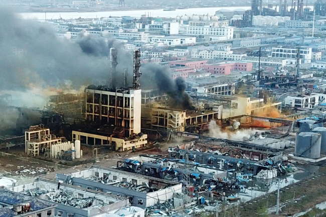 Photo taken on March 22, 2019 shows the accident site of an explosion at a plant located in a chemical industrial park in Xiangshui County of Yancheng, Jiangsu Province. [Photo: IC]