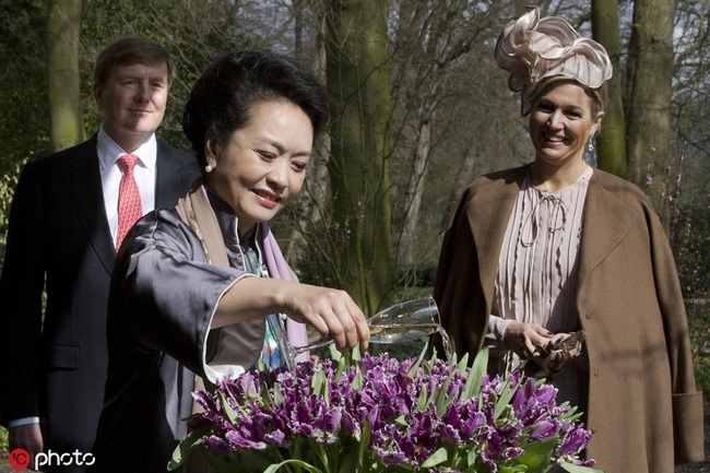 Dutch King Willem Alexander, left, and Queen Maxima, right, watch as China's President Xi Jinping's wife Peng Liyuan, center, baptizes the Cathay tulip at Keukenhof in Lisse, Netherlands, Sunday March 23, 2014. [File Photo: IC]