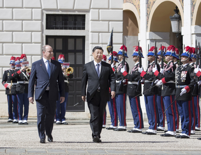 A welcoming ceremony for Chinese President Xi Jinping is held in the Royal Palace in Monaco, March 24, 2019. [Photo: Xinhua]