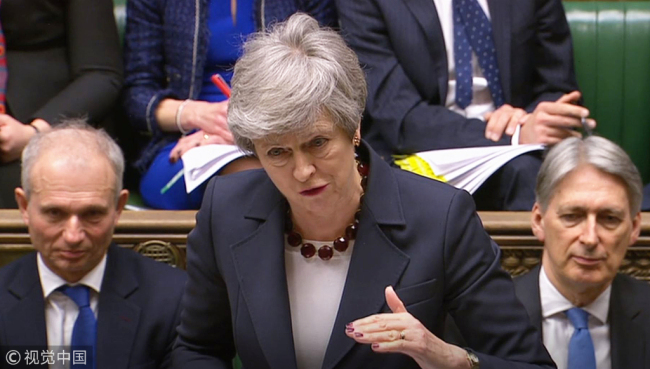 Prime Minister Theresa May speaks during Prime Minister's Questions in the House of Commons, London, March 27, 2019. [Photo: VCG]
