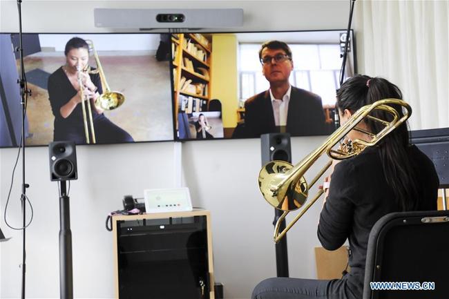 A student has an one-on-one lesson with her professor via the video conferencing facility at Bard College Conservatory of Music (BCOM) in Annandale-on-Hudson, New York, the United States, March 12, 2019.  [Photo: Xinhua]