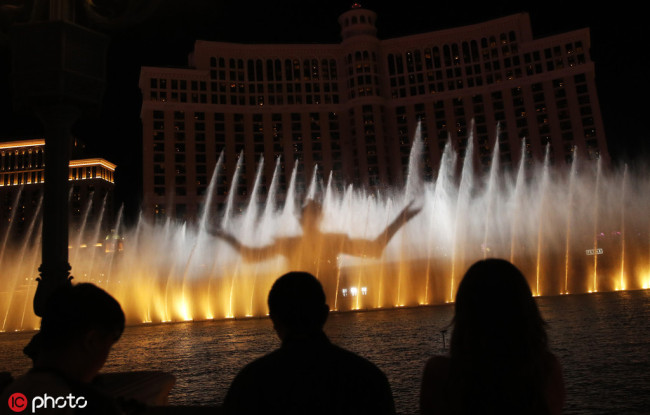 The Night King is projected during a "Game of Thrones"-themed display on the famed fountains at the Bellagio casino-resort, Las Vegas, Nevada, March 31, 2019. [Photo: IC]