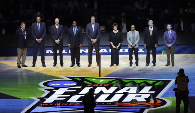 Members of the Naismith Memorial Basketball Hall of Fame Class of 2019 are introduced during halftime of a semifinal game between Auburn and Virginia in the Final Four NCAA college basketball tournament, Saturday, April 6, 2019, in Minneapolis. [Photo: AP/Matt York]