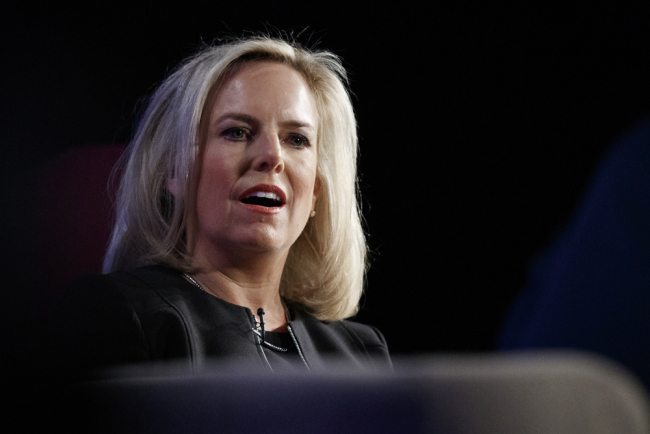 In this Monday, March 18, 2019, file photo, Homeland Security Secretary Kirstjen Nielsen speaks at George Washington University's Jack Morton Auditorium in Washington. In a tweet on Sunday, April 7, 2019, President Donald Trump said he's accepted Nielsen's resignation. [File Photo: AP]