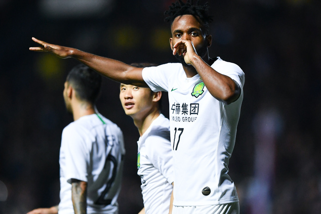 Cedric Bakambu celebrates after scoring a goal in the match between Beijing Guoan and Thai League champions Buriram United, April 9, 2019. Beijing Guoan beat Buriram United 3-1.[Photo: IC]