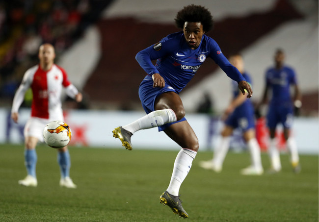 Chelsea's Willian kicks the ball during the UEFA Europa League quarterfinal soccer match against Slavia Prague at the Sinobo stadium in Prague, Czech Republic on Thursday, April 11, 2019. [Photo: AP]