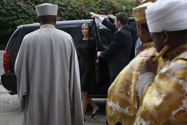 White House senior adviser Ivanka Trump, center, arrives for a ceremony at Holy Trinity Cathedral honoring the victims of the Ethiopia Airlines crash, Monday April 15, 2019, in Addis Ababa, Ethiopia. [Photo: AP/Jacquelyn Martin]