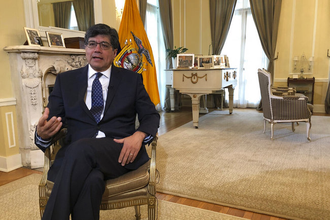 Ecuadorean Foreign Minister Jose Valencia speaks during an interview with The Associated Press at the residence of the ambassador of Ecuador to the U.S. in Washington, Monday April 15, 2019. [Photo: AP]