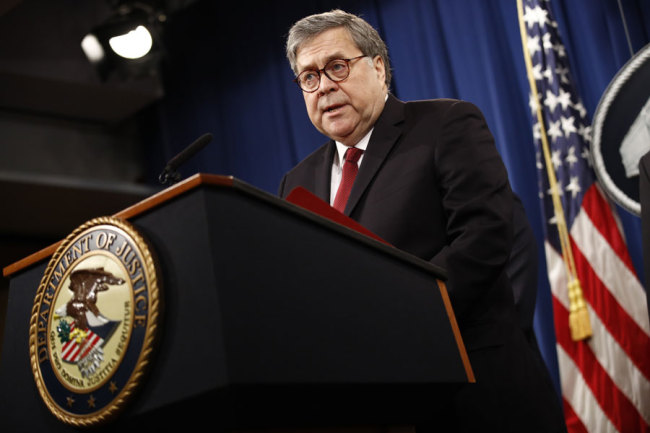 Attorney General William Barr speaks about the release of a redacted version of special counsel Robert Mueller's report during a news conference, Thursday, April 18, 2019, at the Department of Justice in Washington. [Photo: AP]