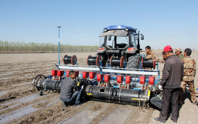A tractor sows a field in Shihezi City, Xinjiang on April 15, 2019. [Photo: China Plus]