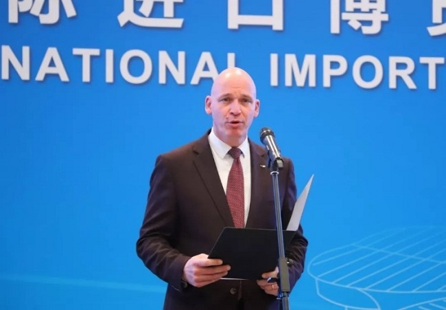 Jean-Philippe Poulin, CEO of Lesaffre Greater China, introduces the Asian leg of its World Bakery Cup competition to be held during the 2nd CIIE. [Photo: Chinaplus]
