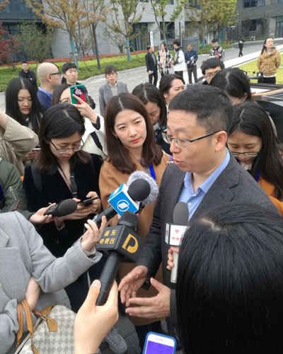 Yuan Tao, chair of Zhangjiang Group, speaks during an interview in the AIsland, a new specialized artificial intelligence zone in Zhangjiang Science City, Pudong New Area, Shanghai. [Photo: China Plus]
