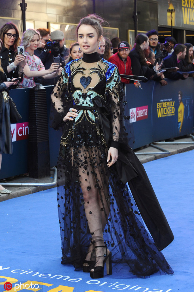 Actress Lily Collins attends the London premiere of "Extremely Wicked, Shockingly Evil and Vile" at Curzon Mayfair in London on April 24, 2019. [Photo: IC]