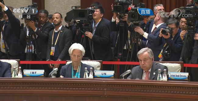 UN Secretary-General Antonio Guterres and the Managing Director of International Monetary Fund (IMF) Christine Lagarde attend the Leaders Roundtable of the second Belt and Road Forum for International Cooperation in Beijing on Saturday, April 27, 2019. [Screenshot: China Plus]