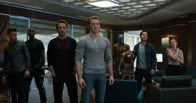 This image released by Disney shows, from left, Jeremy Renner, Don Cheadle, Robert Downey Jr., Chris Evans, Karen Gillan, the character Rocket, voiced by Bradley Cooper, Paul Rudd and Scarlett Johansson in a scene from "Avengers: Endgame." [Photo: AP]
