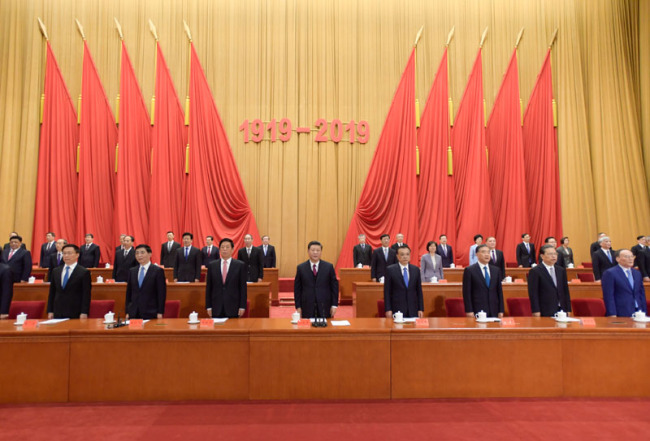Chinese President Xi Jinping and other leaders attend a gathering held at the Great Hall of the People in Beijing on April 30, 2019 to mark the centenary of the May Fourth Movement. [Photo: Xinhua]