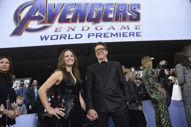 Susan Downey, left, and Robert Downey Jr. arrive at the premiere of "Avengers: Endgame" at the Los Angeles Convention Center on Monday, April 22, 2019. [File Photo: AP]