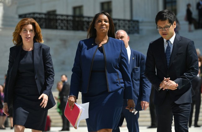 New York Attorney General Letitia James (C), Director of the Census for New York City Julie Menin (L) and ACLU's Voting Rights Project Director Dale Ho (R) approach microphones to speak to reporters outside of the US Supreme Court in Washington, DC on April 23, 2019., In March 2018, US Secretary of Commerce Wilbur Ross announced he was going to reintroduce for the 2020 census a question on citizenship abandoned more than 60 years ago. The decision sparked an uproar among Democrats and defenders of migrants -- who have come under repeated attack from an administration that has made clamping down on illegal migration a hallmark as President Donald Trump seeks re-election in 2020.[Photo: AFP]