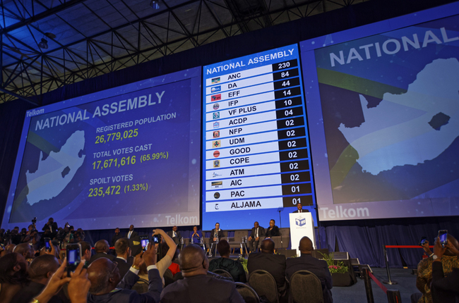 The final results, in number of seats in parliament for the parties who won seats, are displayed at the results ceremony at the Independent Electoral Commission Results Center in Pretoria, South Africa Saturday, May 11, 2019. [Photo: AP]