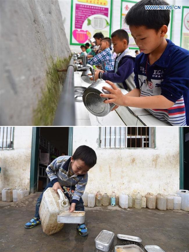 Combo photo shows children wash(洗 xǐ) rice bowls(碗 wǎn) with spring water(泉水 quánshuǐ) on May 7, 2019 (upper) and children helping cook rice with stored rain water(雨水 yǔshuǐ) on Nov. 24, 2014(lower) at Bahao Primary School in Bansheng Township of Dahua Yao Autonomous County, south China's Guangxi Zhuang Autonomous Region. Water tanks have been built here to help ease(缓解 huǎnjiě) water shortage(短缺 duǎnquē) and provide safe drinking water.[Photo: Xinhua/Huang Xiaobang]