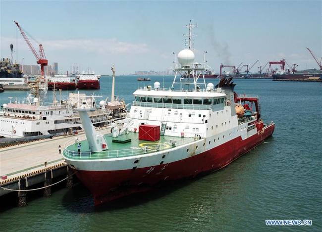 Aerial photo taken on May 18, 2019 shows Chinese research vessel Science waiting to depart from the city of Qingdao, east China's Shandong Province. [Photo: Xinhua/Li Ziheng]