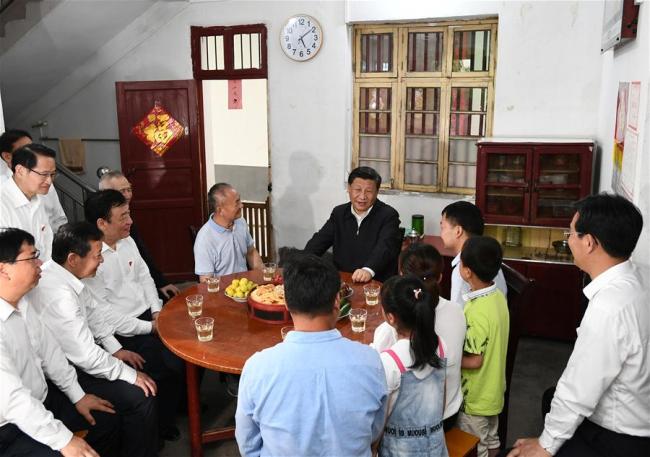Chinese President Xi Jinping, also general secretary of the Communist Party of China Central Committee and chairman of the Central Military Commission, visits Tantou Village in Yudu County, Ganzhou City, during an inspection tour of east China's Jiangxi Province on May 20, 2019. [Photo: Xinhua/Ju Peng]