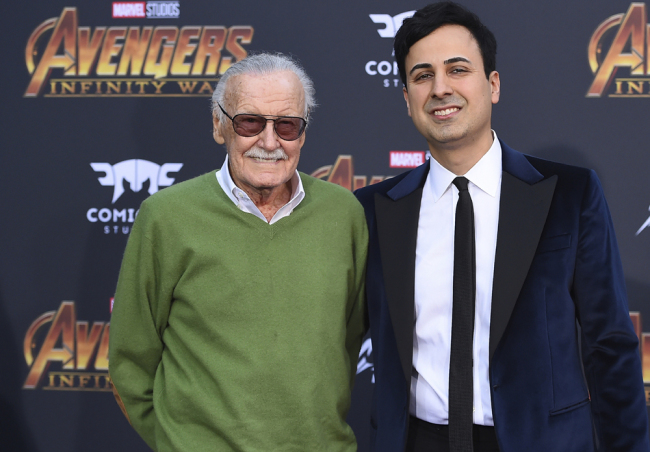 In this April 23, 2018, file photo, Stan Lee, left, and Keya Morgan arrive at the world premiere of "Avengers: Infinity War" in Los Angeles. Morgan, the former business manager of Lee has been arrested on elder abuse charges involving the late comic book icon. [File Photo: AP]