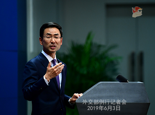 Foreign Ministry spokesman Geng Shuang speaks at a regular news briefing, June 3, 2019. [Photo: Chinese Foreign Ministry]