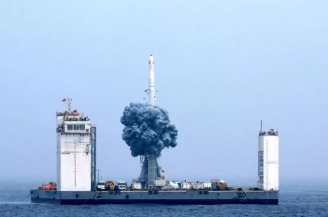 The Long March-11 carrier rocket blasts off from a sea-based platform in the Yellow Sea on Wednesday, June 05, 2019. [Photo: CCTV]
