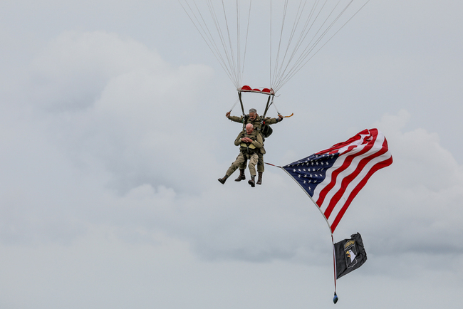 US WWII veteran Tom Rice takes part in a parachute drop over Carentan, Normandy, north-western France, on June 5, 2019, as part of D-Day commemorations marking the 75th anniversary of the World War II Allied landings in Normandy. [Photo: AFP/Ludovic Marin]