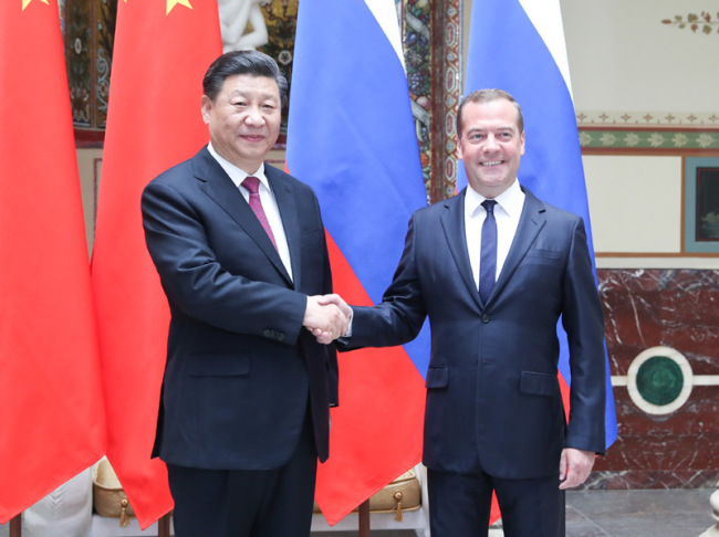 Chinese President Xi Jinping meets with Russian Prime Minister Dmitry Medvedev on Thursday, June 6, 2019. [Photo: gov.cn] 