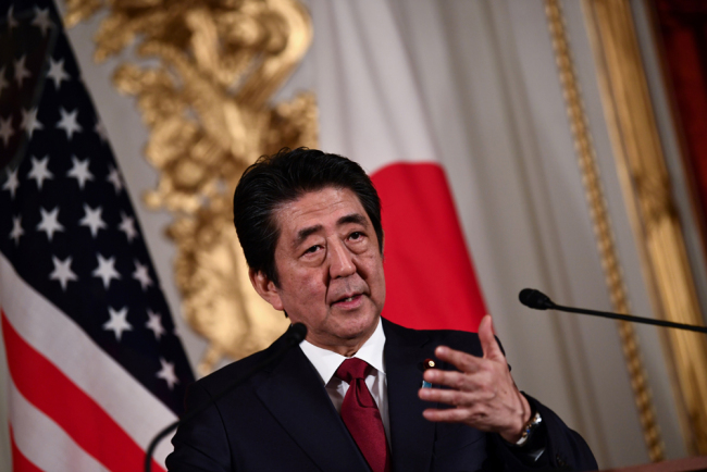Japan's Prime Minister Shinzo Abe speaks during a joint press conference with US President Donald Trump (not pictured) at Akasaka Palace in Tokyo on May 27, 2019. [File photo: AFP/Brendan Smialowski]