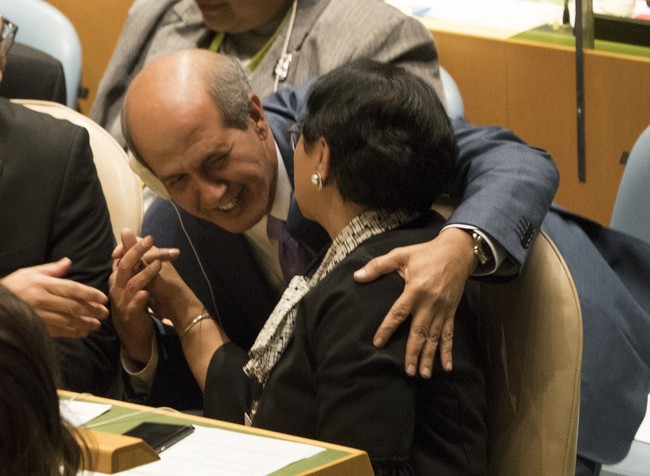 The delegation from Indonesia reacts after the vote during a General Assembly meeting to elect the five non-permanent members of the Security Council June 8 at the United Nations in New York. [Photo: AFP/Don Emmert]