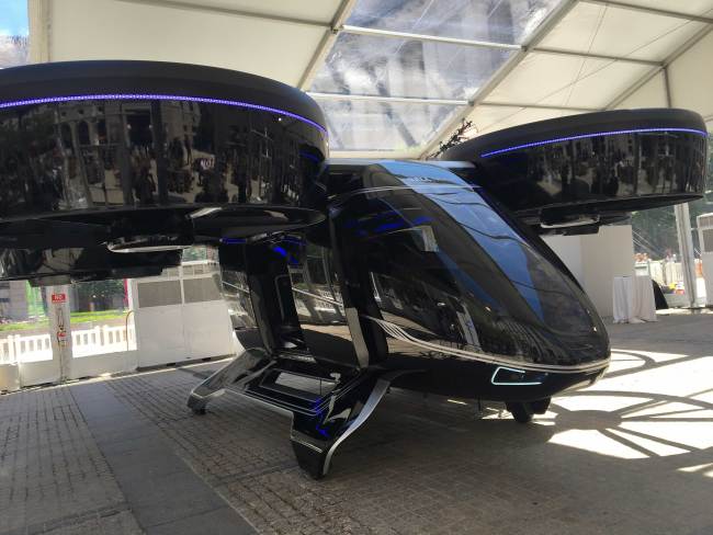 The Bell Nexus concept “flying car” is shown at the Uber Elevate summit in Washington, DC on June 11, 2019, one of several that will make up a fleet of electric aircraft Uber expects to deploy by 2023. [Photo: AFP/Robert LEVER]