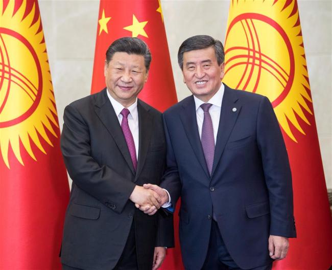 Chinese President Xi Jinping and his Kyrgyz counterpart Sooronbay Jeenbekov hold talks in Bishkek, Kyrgyzstan, June 13, 2019. [Photo: Xinhua]