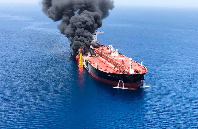 A picture obtained by AFP from Iranian News Agency ISNA on June 13, 2019 reportedly shows fire and smoke billowing from Norwegian owned Front Altair tanker said to have been attacked in the waters of the Gulf of Oman. [Photo: AFP]