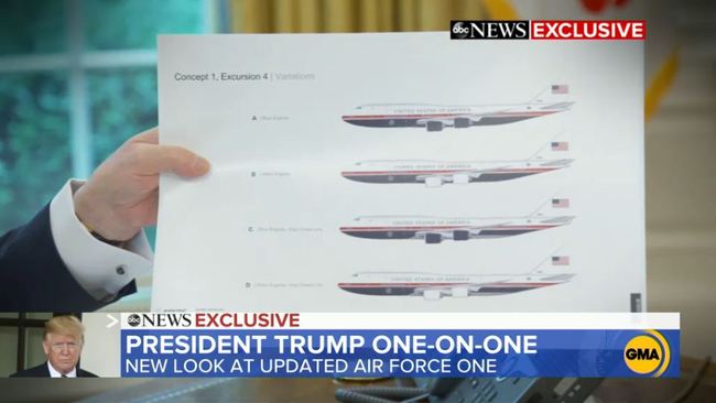 U.S. President Donald Trump unveils a paint job for new Air Force One jets during an interview with ABC News on June 13, 2019. [Screenshot: China Plus]