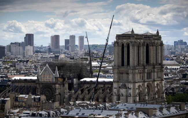 A view taken from the Tour Saint-Jacques shows the detail of scaffolding on the Notre-Dame de Paris Cathedral following a fire on April 26, 2019. [Photo: AFP/Eric Feferberg]