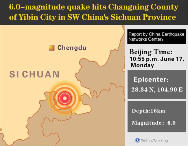 A 6.0-magnitude quake hits Changning County, Yibin, Sichuan Province, 10:55 p.m. Monday (Beijing Time), according to the China Earthquake Networks Center (CENC). [Photo: Xinhua/Qin Ying]