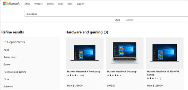 A screenshot of the online store of Microsoft, showing that laptops produced by Huawei are being advertised on its website. [Photo: ifeng.com]