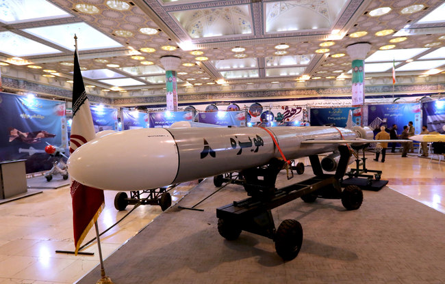 Hoveizeh, Iran's new cruise missile is shown during an exhibition in the capital Tehran on February 2, 2019. [File photo: AFP/ ATTA KENARE]