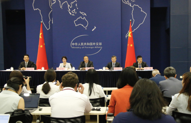 (From left to right) Deputy Governor the People's Bank of China Chen Yulu, Vice Minister of Finance Zou Jiayi, Assistant Foreign Minister Zhang Jun, and Vice Minister of Commerce Wang Shouwen brief the press on President Xi Jinping's attendance at G20. [Photo: China Plus]